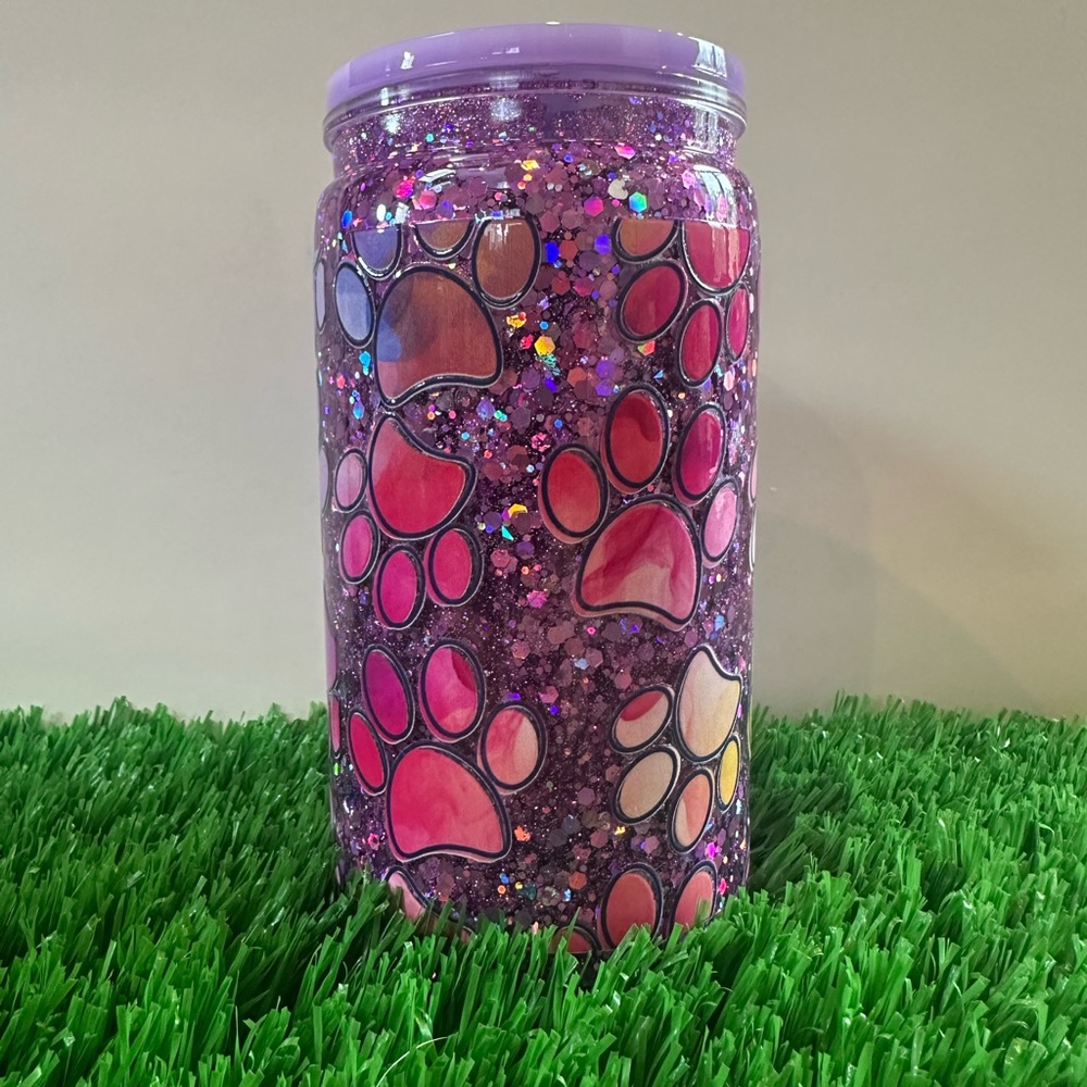 16 oz Plastic Snowglobe Purple Glitter Paw Print Tumbler